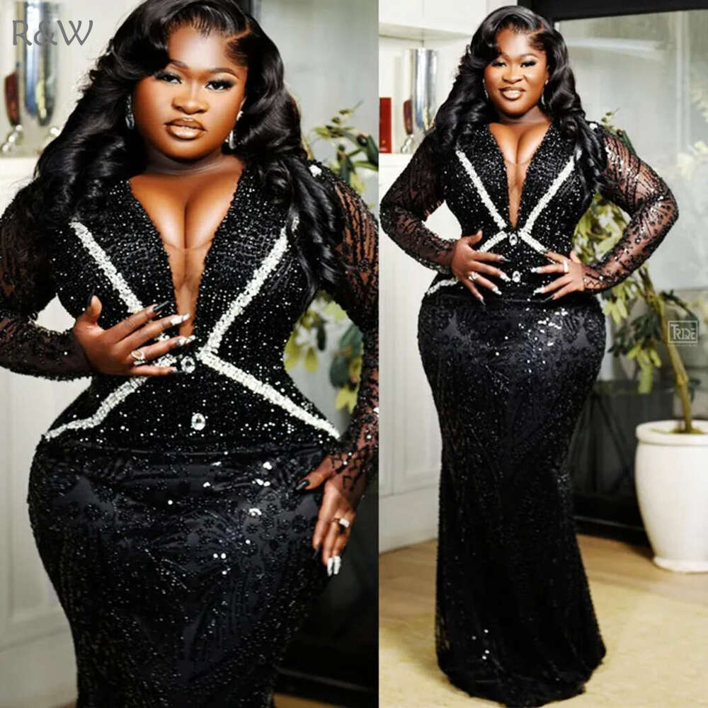 R&W 2024 Plus Size Black Prom For Special Ocns Evening Dresses V Neck Sheath Long Sleeves Beaded Lace Birthday Dress Second Reception Gowns Vestido AM