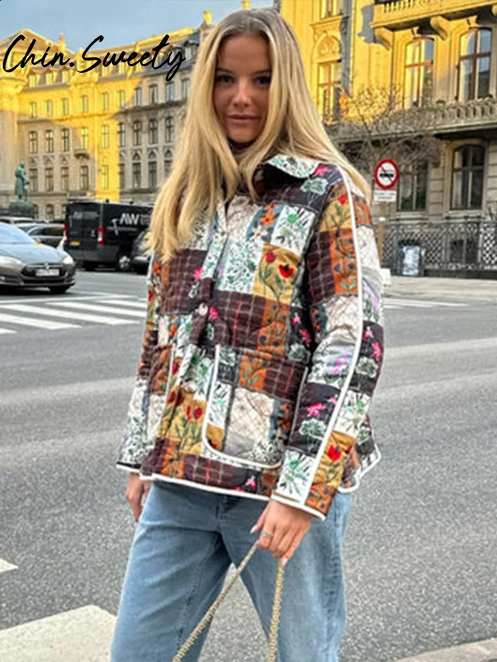 Bohemian printed womens cotton coat casual lapel single chest pocket womens coat autumn winter fashion womens jacket 241007