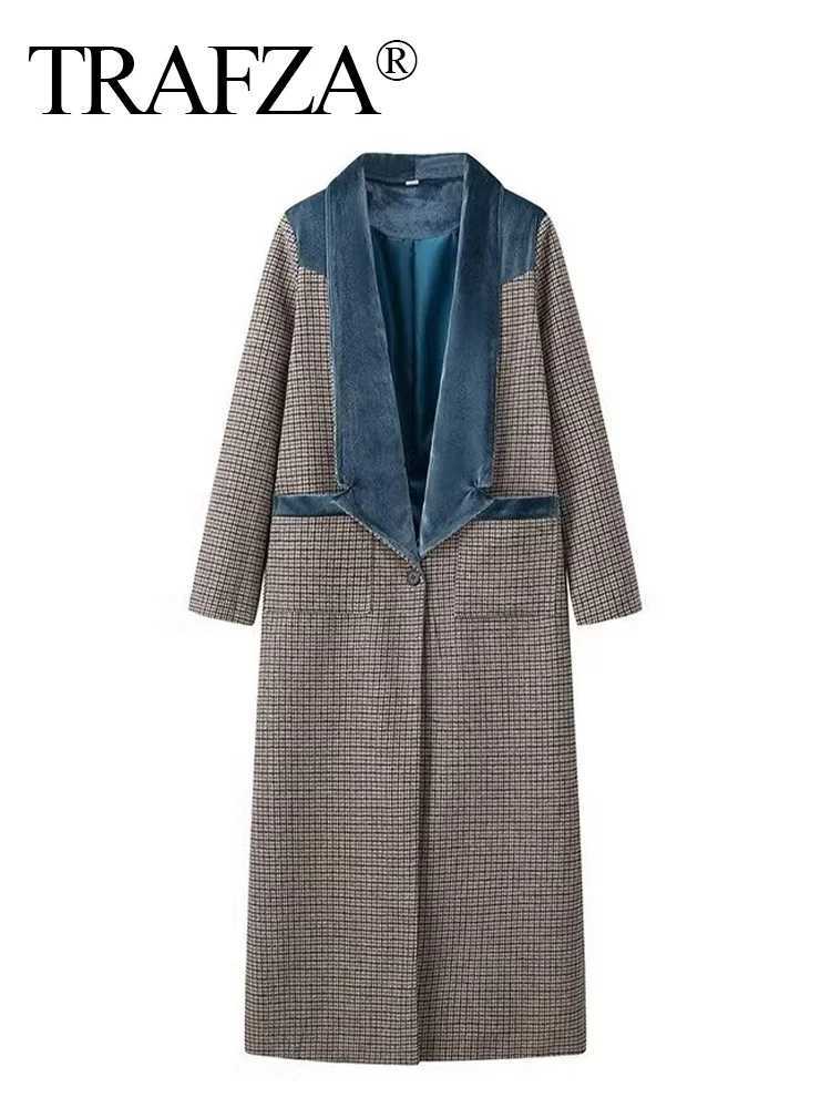 TRAFZA Womens New Fashion Turn Down Collar Long Sleeve Single Button Plaid Wool Coat Female Chic Elegant Pocket Mid-Calf CoatX241009