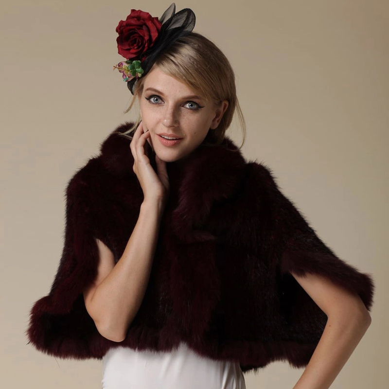 New Real Genuine Natural Knitted Mink Shawl Coat With Fox Fur Collar Womens Fashion Knit Jacket Cape