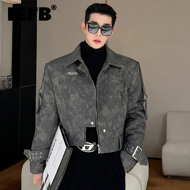 IEFB Argyle Male Padded Jacket Lapel Buckle n Zipper Gradient Color Mens Short Cotton Coats American Style 2023 9C3926 241008