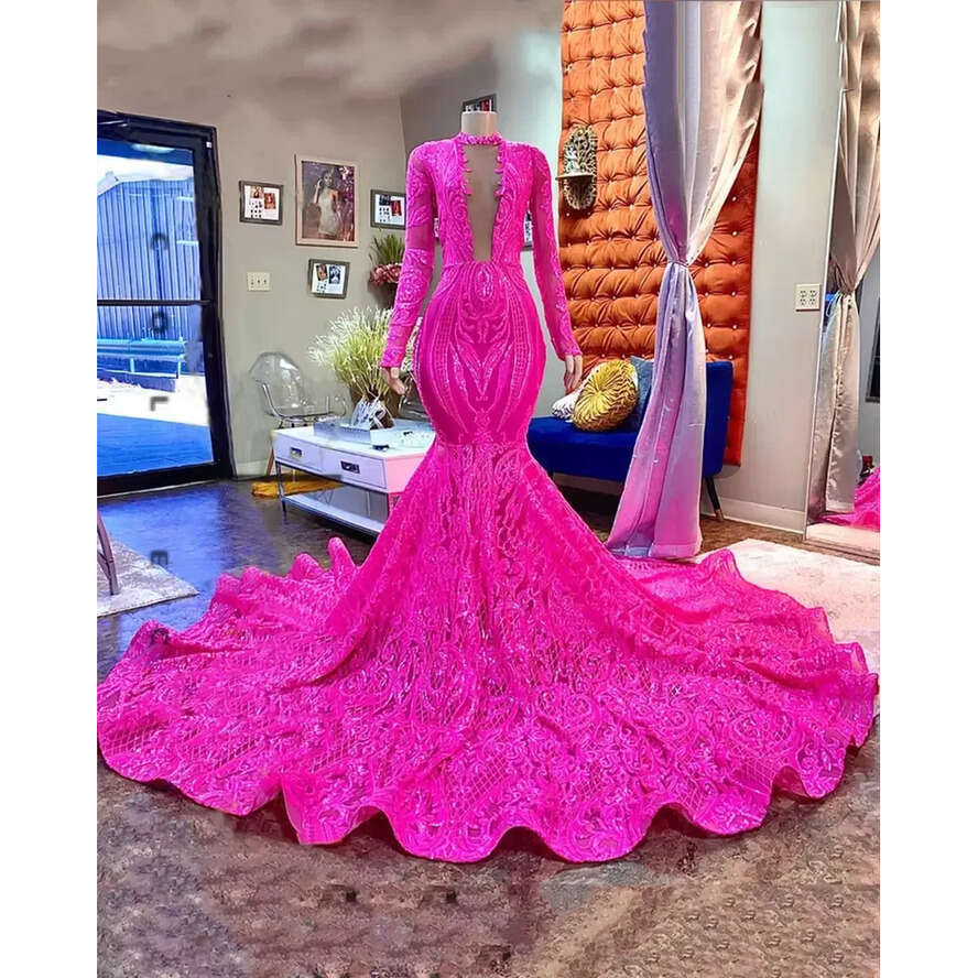 Prom Fuia Dresses Mermaid Rosa Red African Black Girl Long Sleeves Sparkly Sequin Lace Party Evening Dress 20223