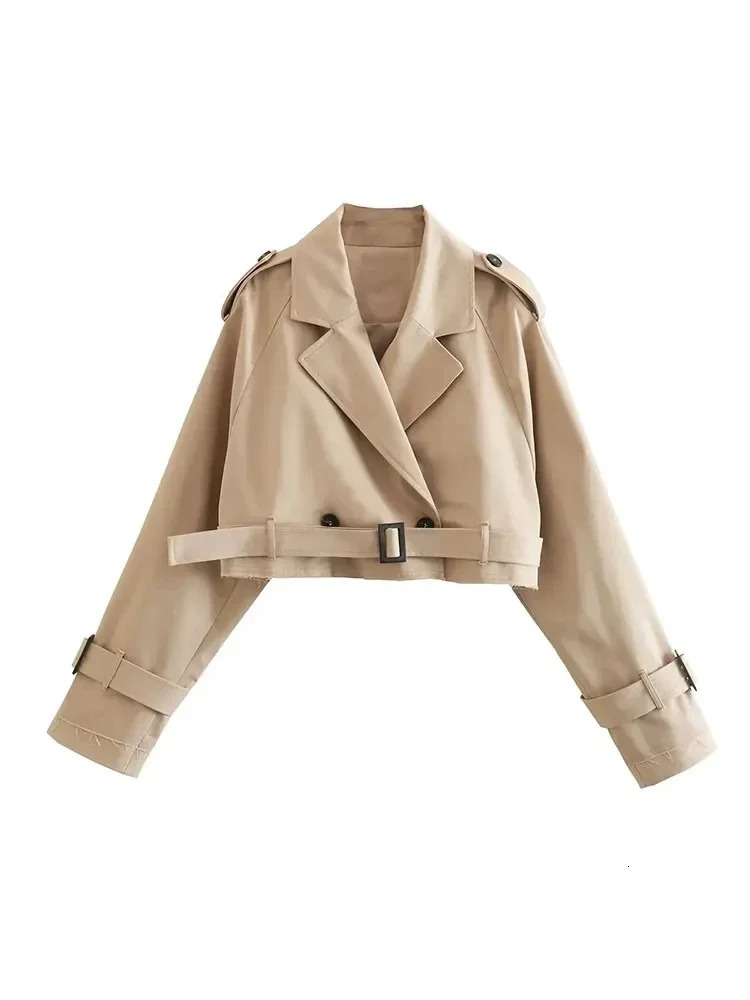 Fashion Belt Cropped Trench Spring Jacket Women Vintage Streetwear Double Breasted Long Sleeve Top Female Coat Outfits 241009