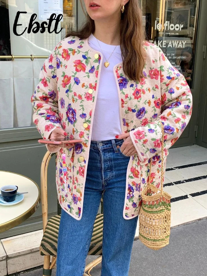 Fashion printed cotton jacket for women elegant O-neck single chest pocket jacket autumn womens casual top 241007