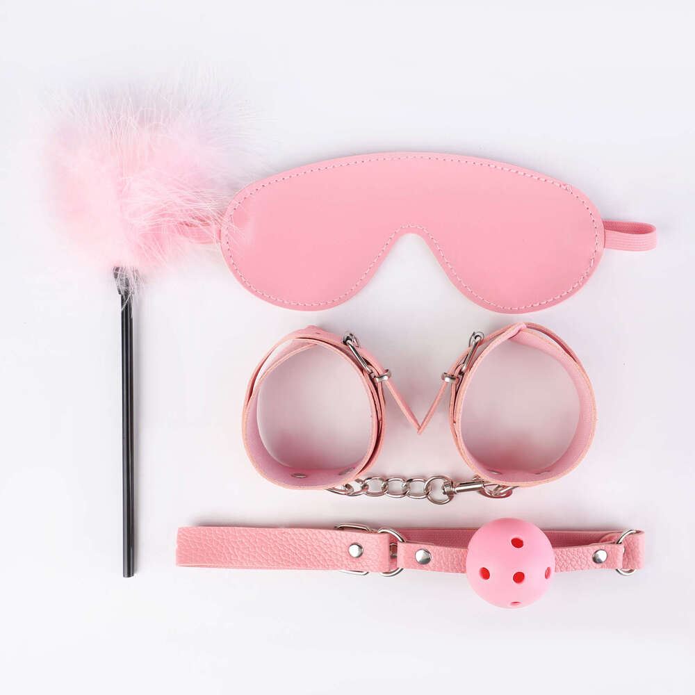 SM Props 4-piece Set PVC Sex Handcuffs Flirting Feather Stick Sex Eye Mask Training Mouth Stopper Alternative Adult Products