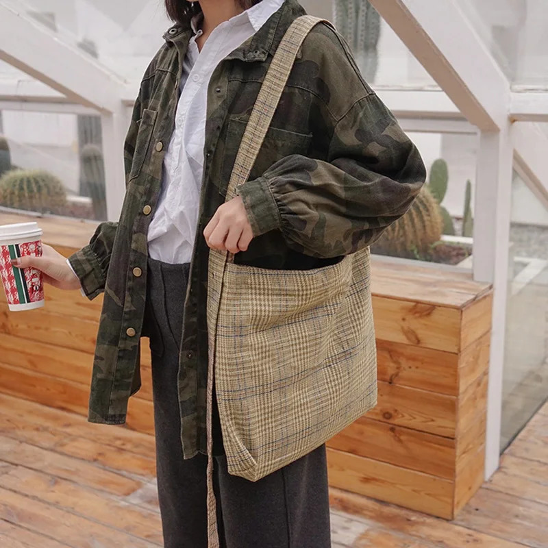 Womens thick wool canvas shoulder bag womens retro prefabricated plain zipper horizontal bag womens large capacity adjustable handbag 241008