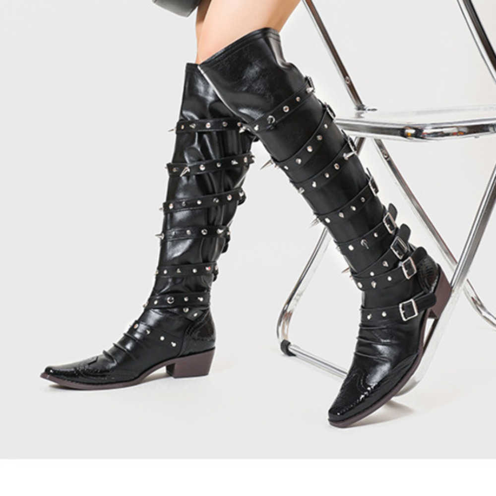 Punk Gothic Style Fashion Boots Wide Tube Cowboy Boots Pointed Pile Martin Boots For Women Rivet Long Tube Boots 240826
