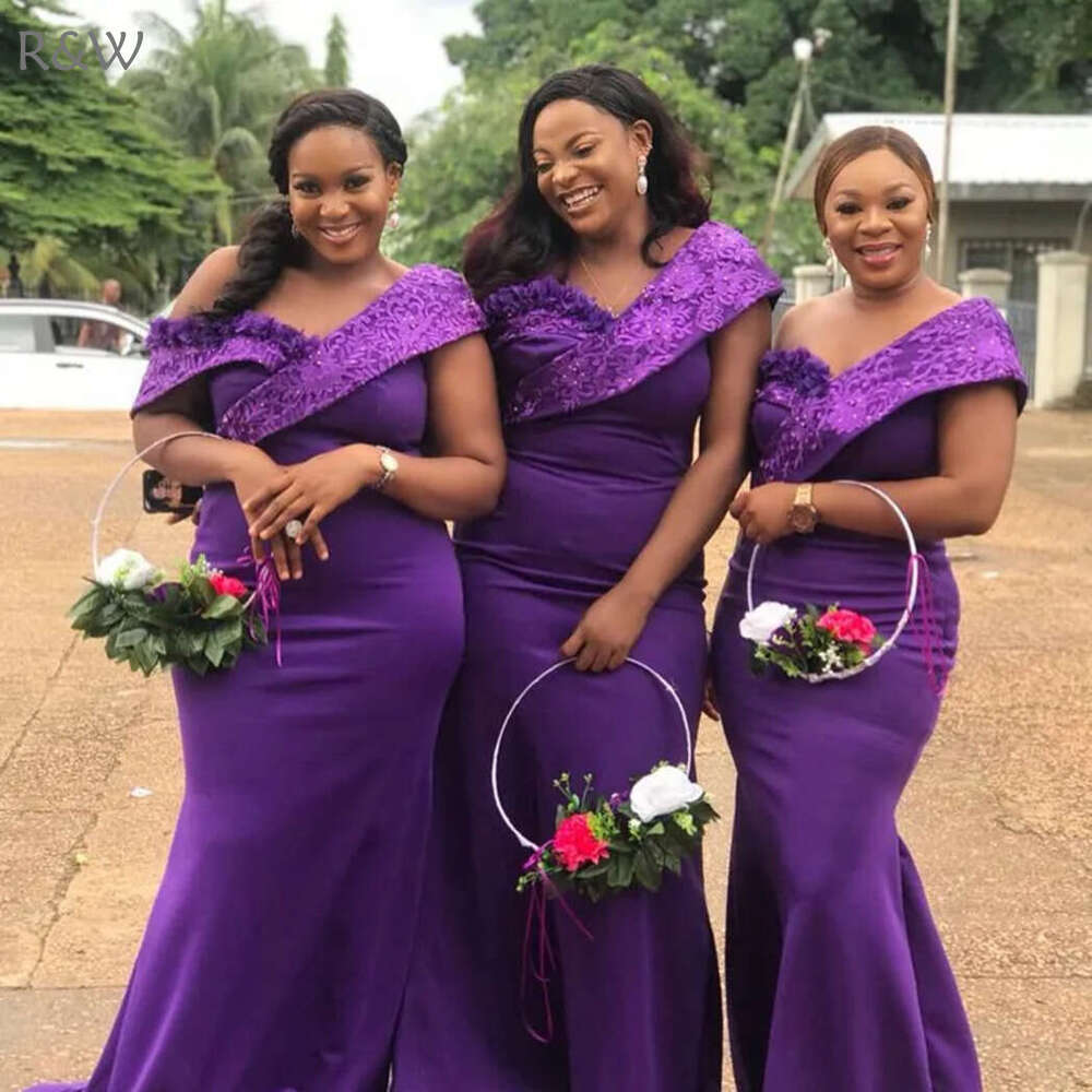 R&W Purple Mermaid Bridesmaid Dresses One Shoulder Satin Appliqued Lace Elegant Promdress for African Arabic Black Women Formal Evening Gown Wedding G