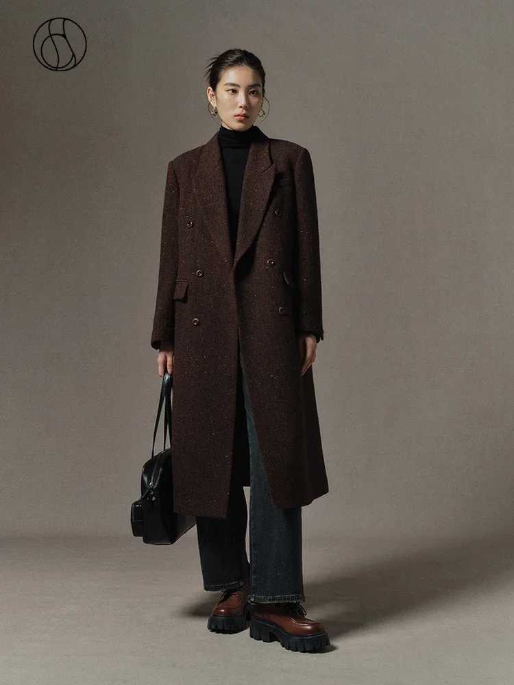 DUSHU Retro Sense Dark Coffee Brown Color Double Breasted Long Wool Coat for Women 2023 Winter Chic Design Woolen Coat FemaleX241009