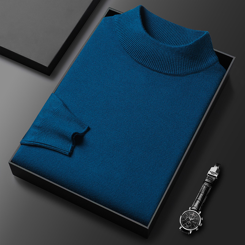 2024 new designer winter semi high neck knitted base sweater for middle-aged and young men, slim fit solid color hoodie in multiple colors