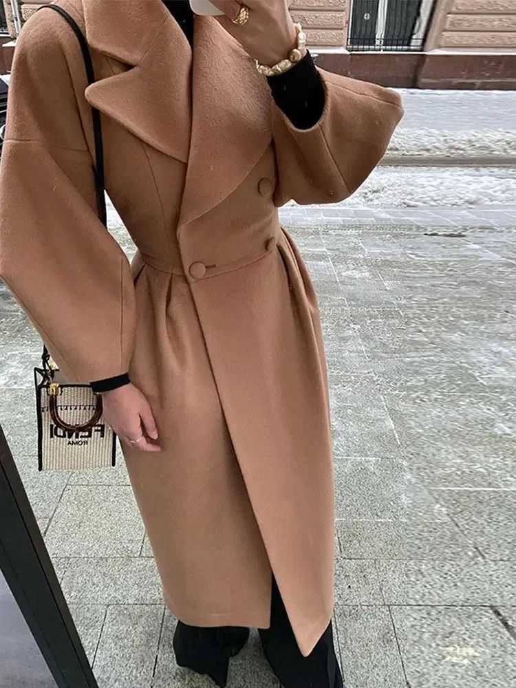 Women Lapel Lantern Sleeve Long Jackets Solid Double Breasted Waist Fold Woolen Coat Winter Thick Warm Female Elegant OutwearX241009