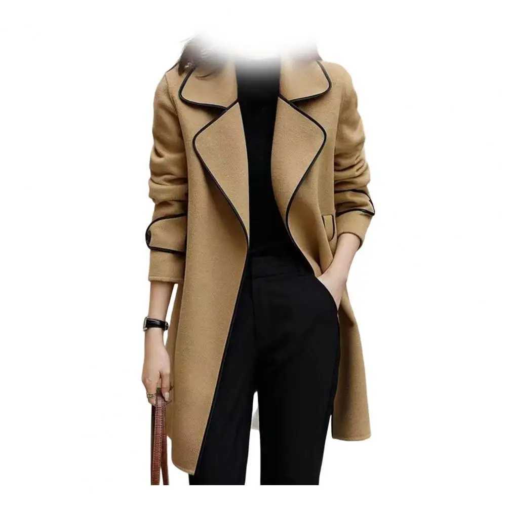 Stylish Women Outerwear Elegant Long Sleeves Autumn Winter Slim Fit Open Stitch Woolen Coat Ladies Jacket StreetwearX241009