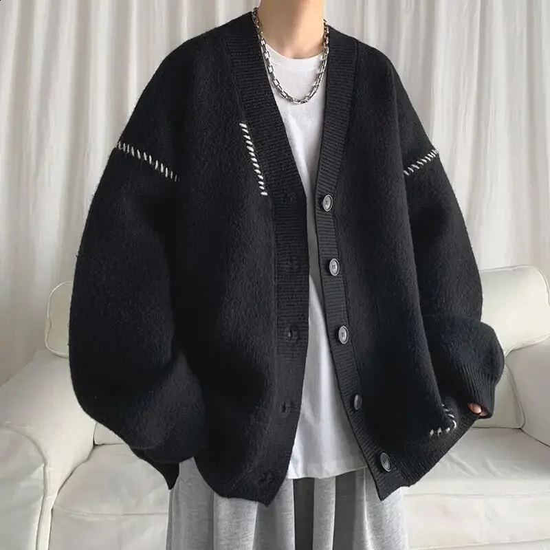 Retro mens sweater Korean clothing jacket autumn and winter knitted cardigan mens long sleeved Harajuku cashmere Y2k 241007