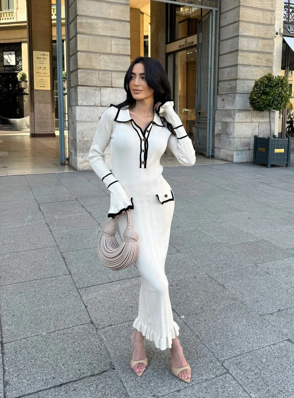 Women Casual Ruffled Knitted Long Sleeve Dress Lapel Buttoned French Slim Long Dress Warm Comfortable Dress Autumn Winter wear 241009