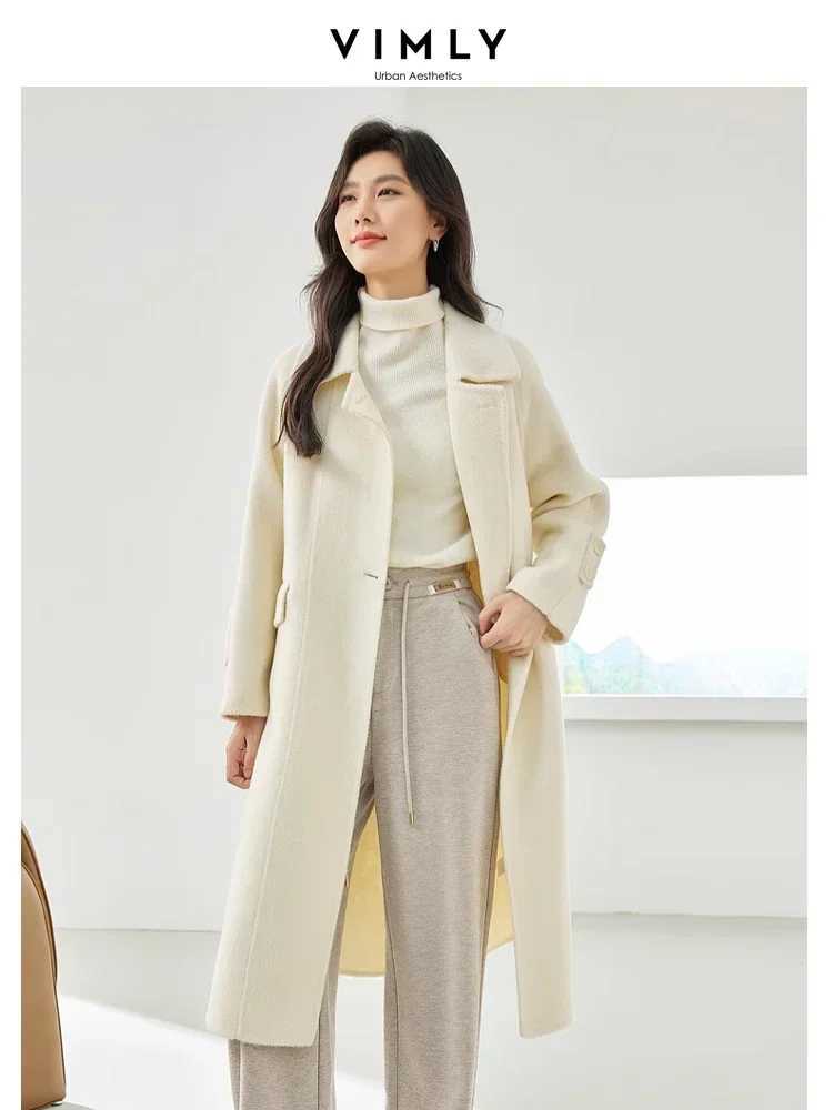 Vimly Double Faced Wool Long Pink Coats for Women 2023 Winter Notched Light Warm Woolen Overcoat Female Jacket Clothing 50687X241009