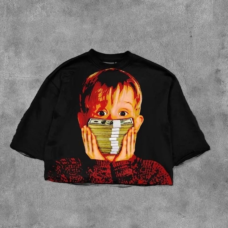 Rich Alone Graphics Print 100% Cotton Cropped T-Shirts Men Y2K Summer Short Sleeve Vintage Oversize Tshirt Streetwear Women Tops 241008