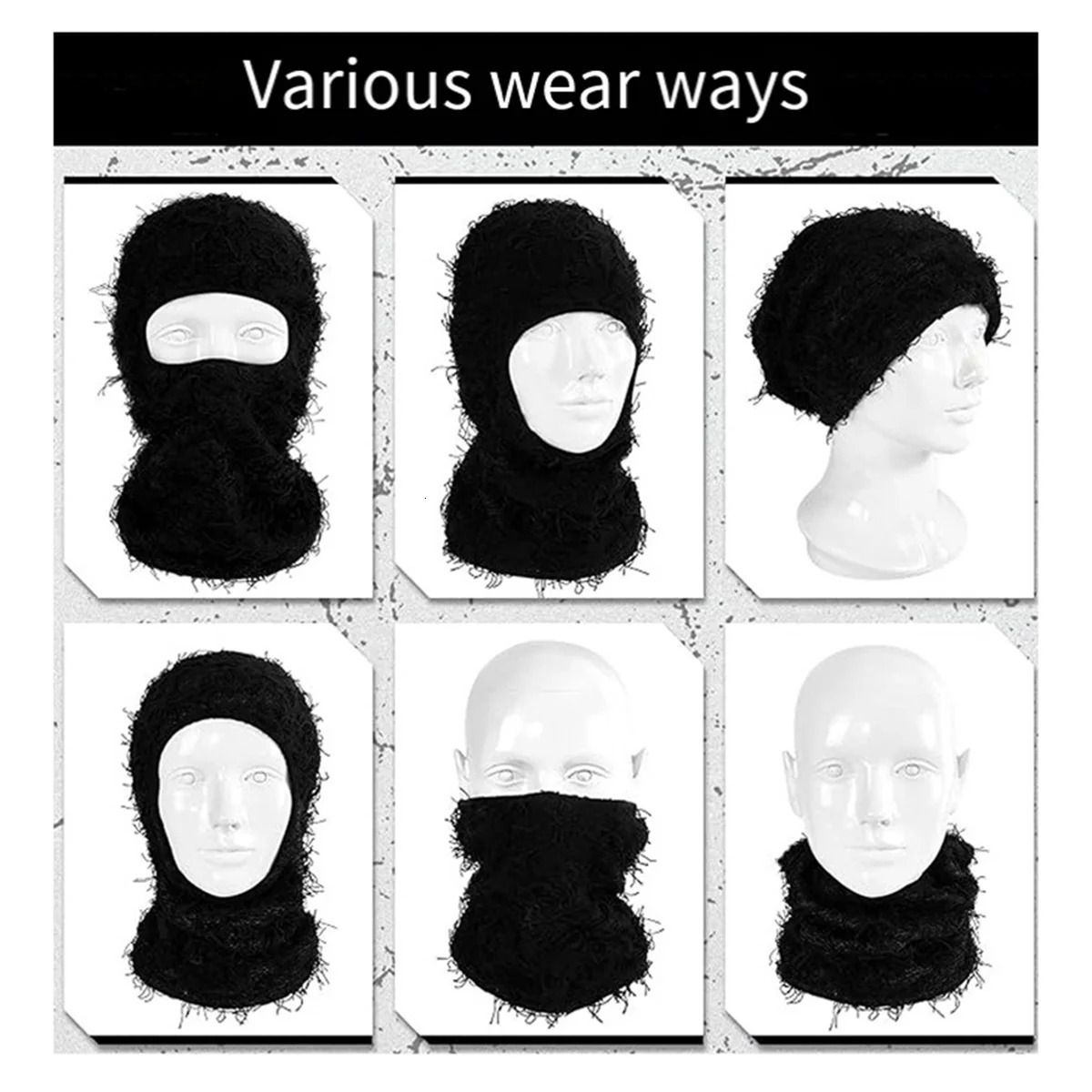 Distressed Ski Mask Full Face Knitted Blur Yeat Shiesty Distress Men and Women White 241009