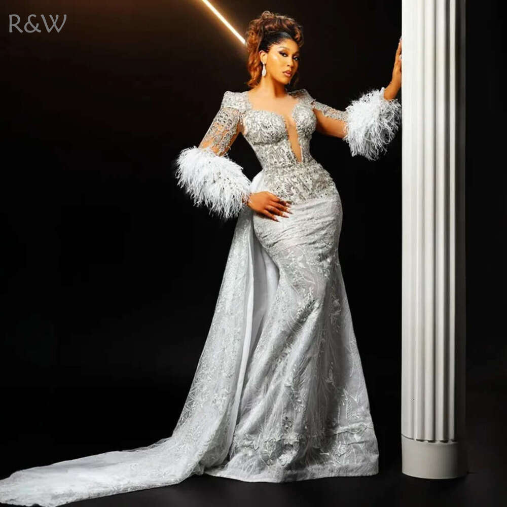 R&W 2024 urious Prom Dresses for Special Ocns Feathered Promdress With Detachable Train Illusion Long Sleeves Beaded Lace Rhies Decorated Gowns AM1021