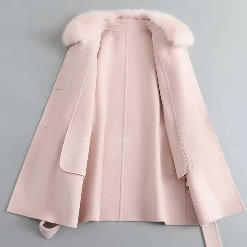 Womens Belted Real Wool Coat With Detachable Real Fox Fur Collar Fashion Autumn Winter Wool CoatX241009