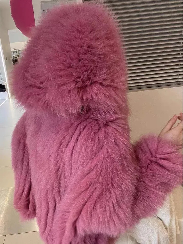 Autumn and winter womens manual doublesided woven highquality real fox fur coat 100% natural jacket loose hooded streetwear 240930