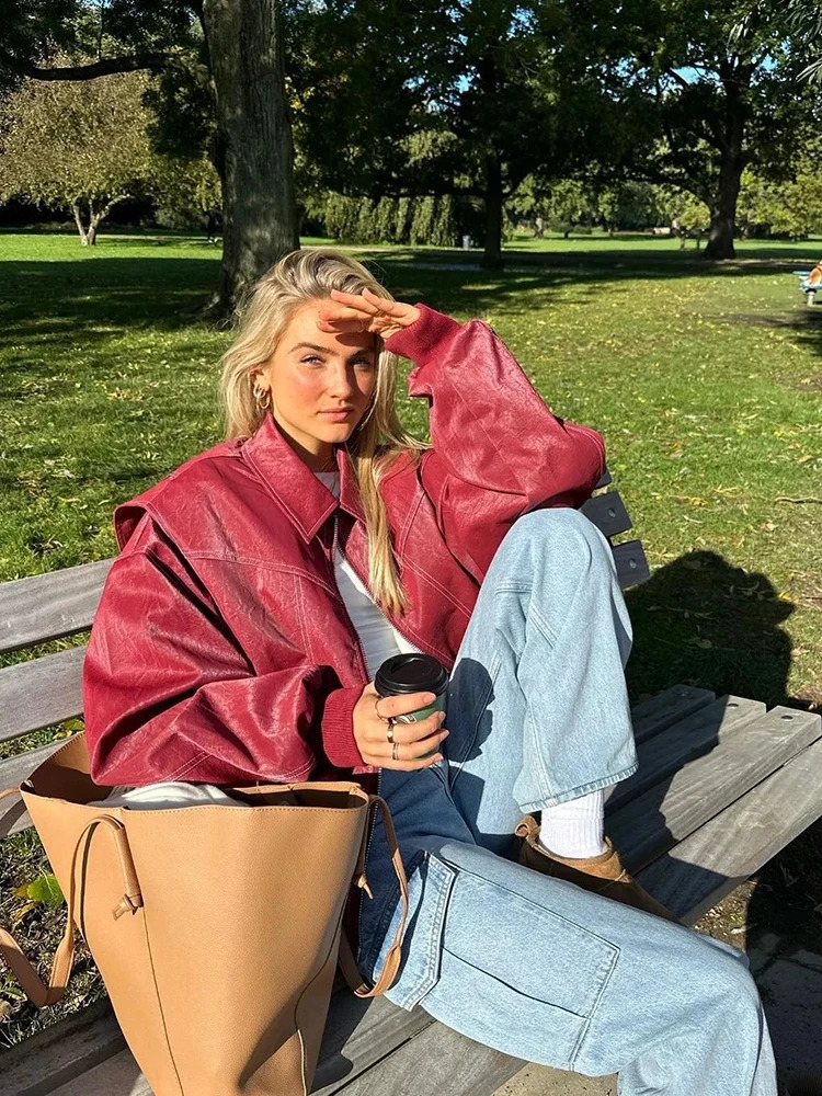 Retro PU leather loose jacket womens winter wine red zipper long sleeved lapel baseball bomber jacket fashionable womens clothing 240930