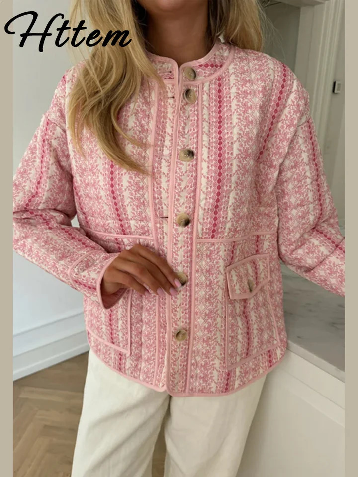 Casual printed bedding coat womens loose O-neck single chest pocket coat womens autumn and winter womens jacket 241007