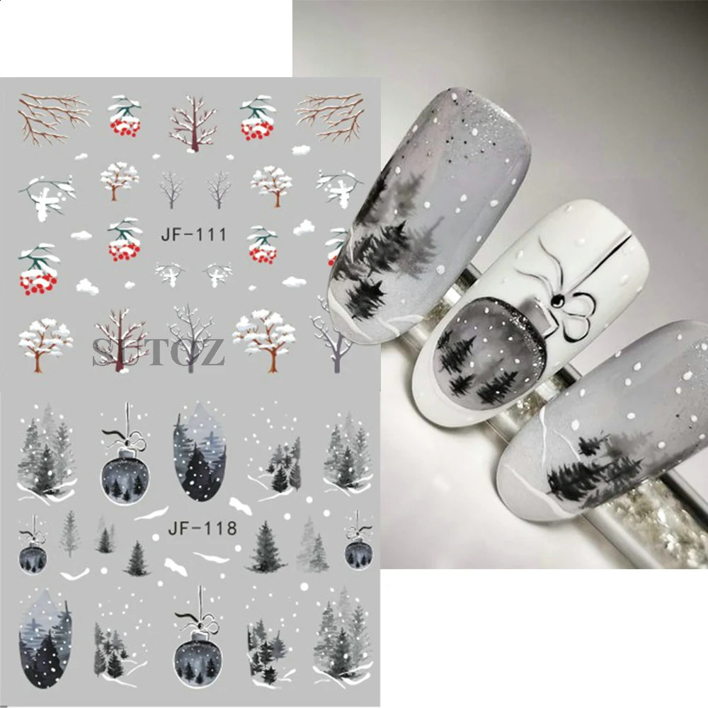 Christmas water nail stickers winter forest nail stickers snow trees Year decorations transfer slider 241008