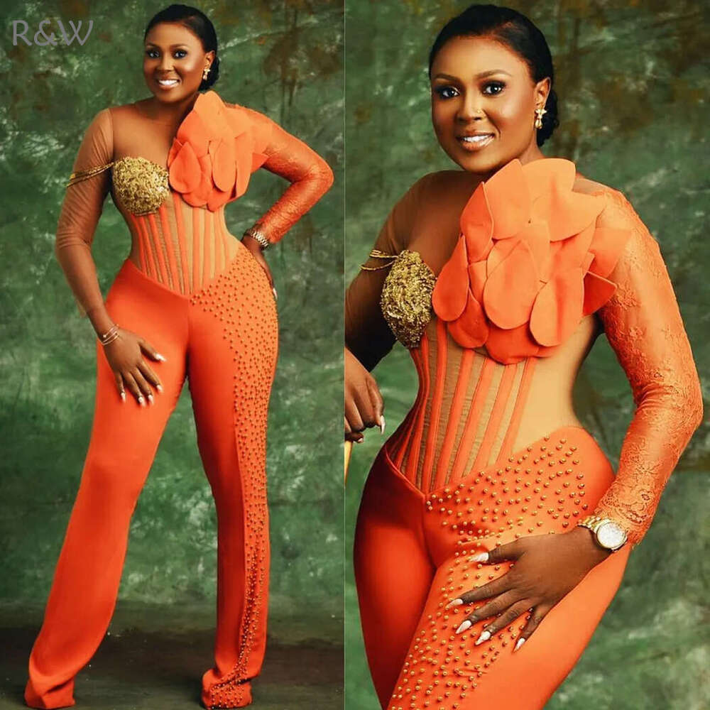 R&W Plus Size Orange Jumpsuits Promdress Prom Dresses for Special Ocns One-Piece Illusion Long Sleeves Gold Pearls Decorated Birthday Dress Reception 