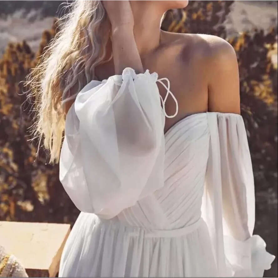 Plus 2022 Size Charming Simple Bohemian Chiffon Boho Wedding Dress Bridal Gowns Off Shoulder Front Split Puff Sleeves Sweetheart Formal Dresses Marria