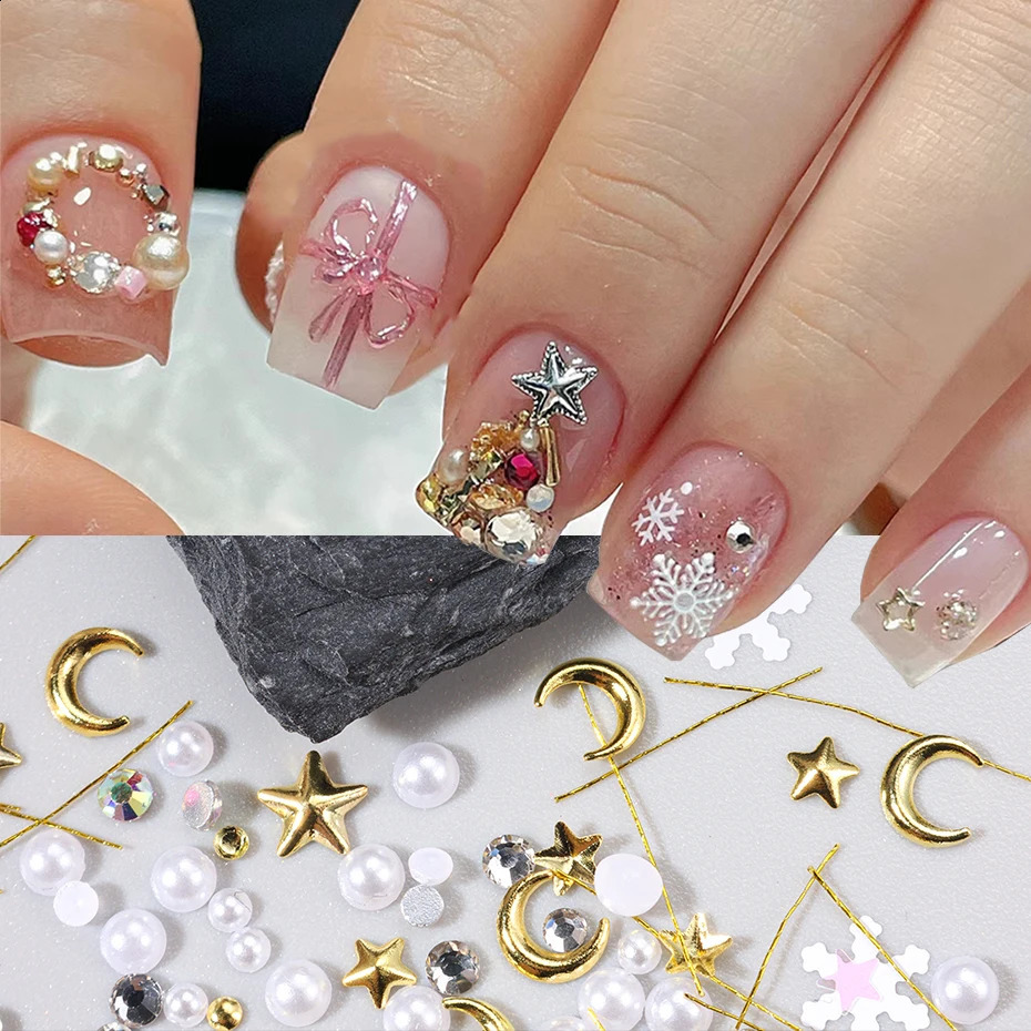1 box of gold metal moon star decoration white pearl jewelry 3D nail charm snowflake Christmas tree for nail art accessories 241008