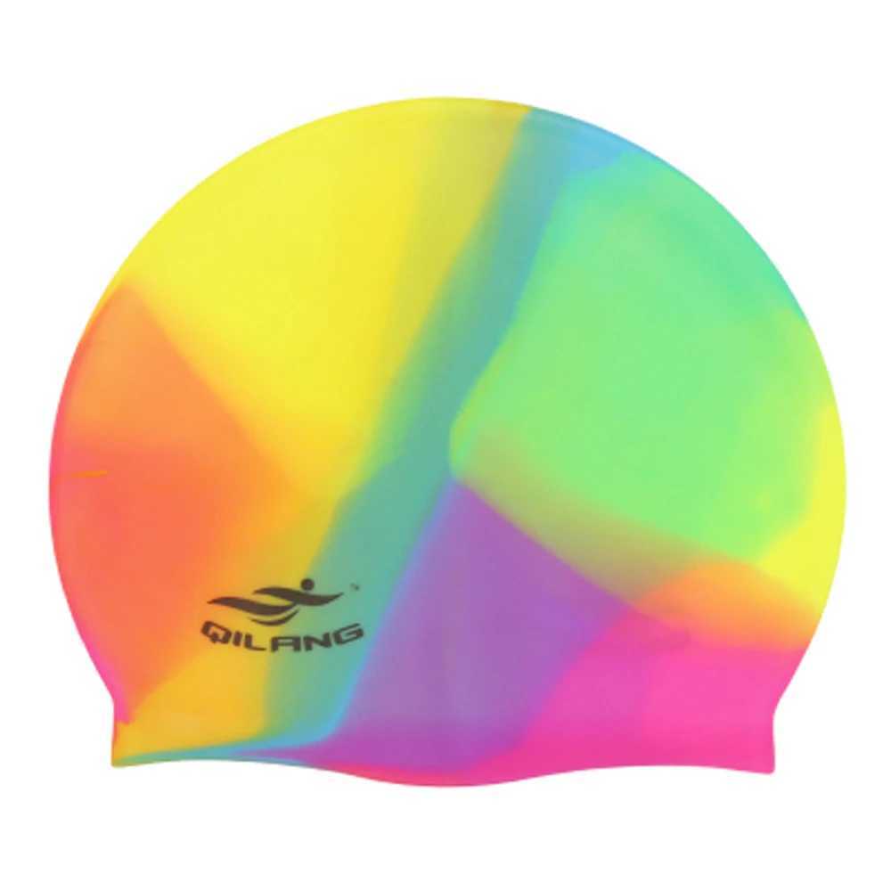 Womens womens rainbow color waterproof silicone ears long hair protection swimming pool cap adult swimming cap CL241009