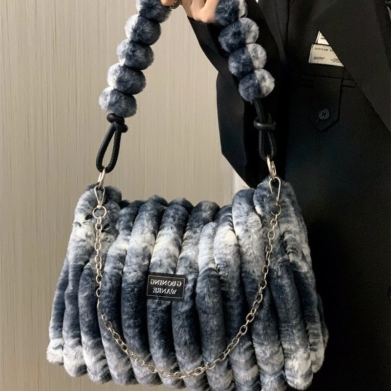 Tie dye plush shoulder underarm bag Women's large capacity bag autumn/winter new hand-held hair bag crossbody bag