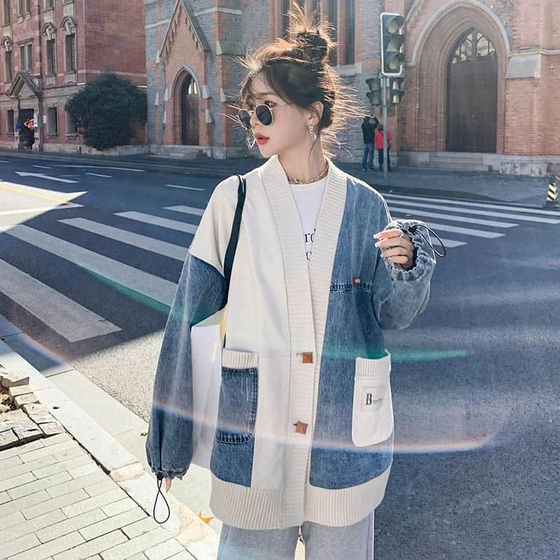 Womens loose denim knitted patch work V-neck oversized baseball cardigan long sleeved jacket womens top 240930