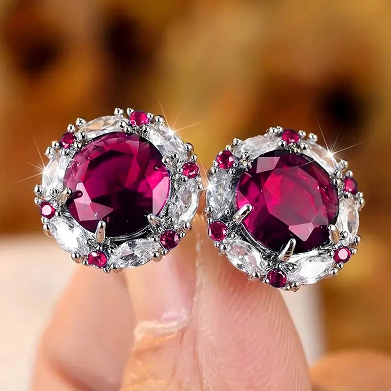 Earrings Women Fashion Zircon Round Stud Luxury 925 Sterling Silver Diamond Stud Earrings Classic Sapphire Crystal Stud Earrings Wedding Jewelry