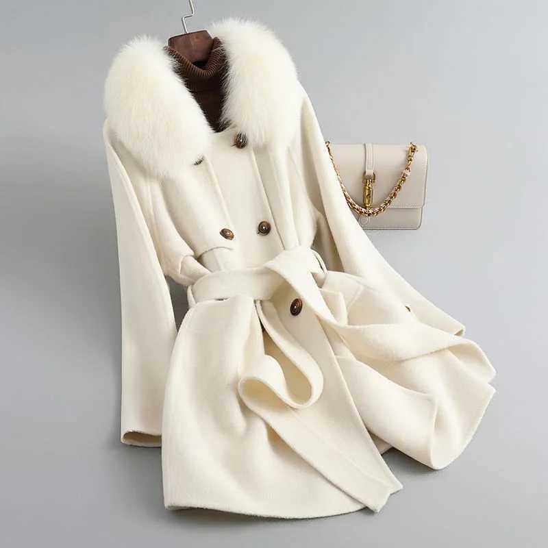 Womens Belted Real Wool Coat With Detachable Real Fox Fur Collar Fashion Autumn Winter Wool CoatX241009