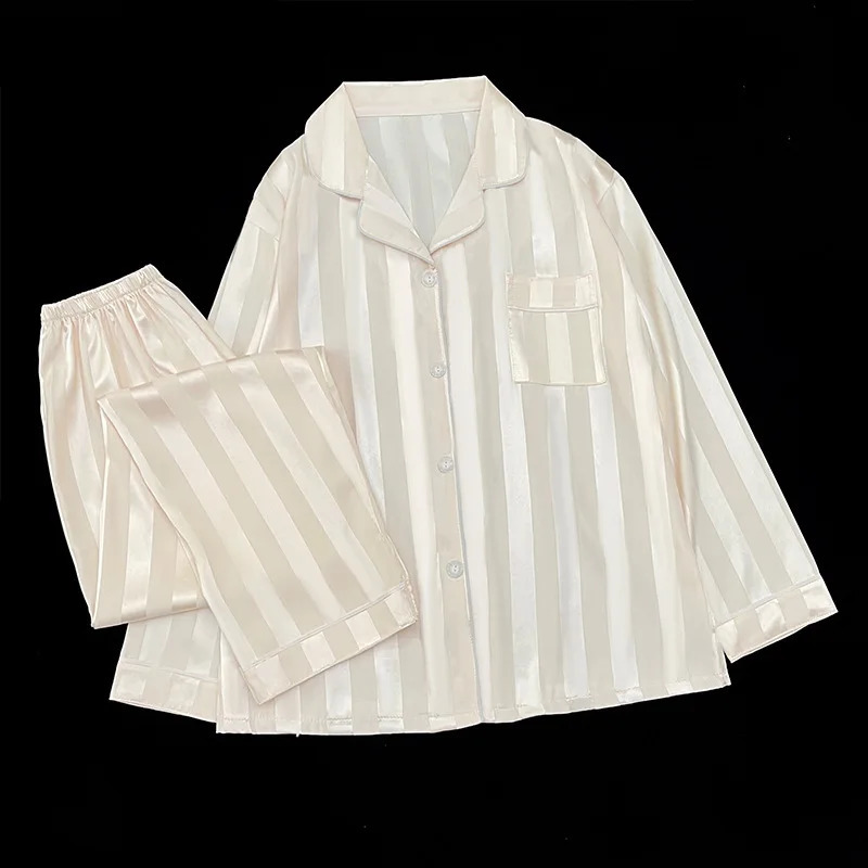 Womens Pajama Set Spring and Autumn 2-piece Striped Pajama Artificial Silk Satin Pajama Long Sleeve Button Pajama 241009