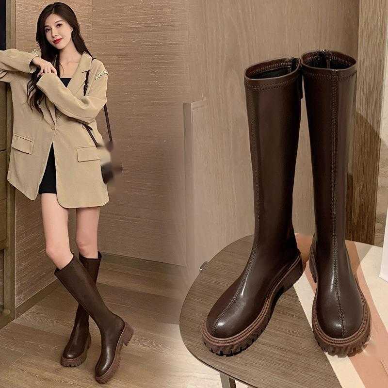 Fashion Boots Leather Autumn Winter Long Boots For Women High Heels Inner Height Thin Thick Bottom Long Boots Knight 240826