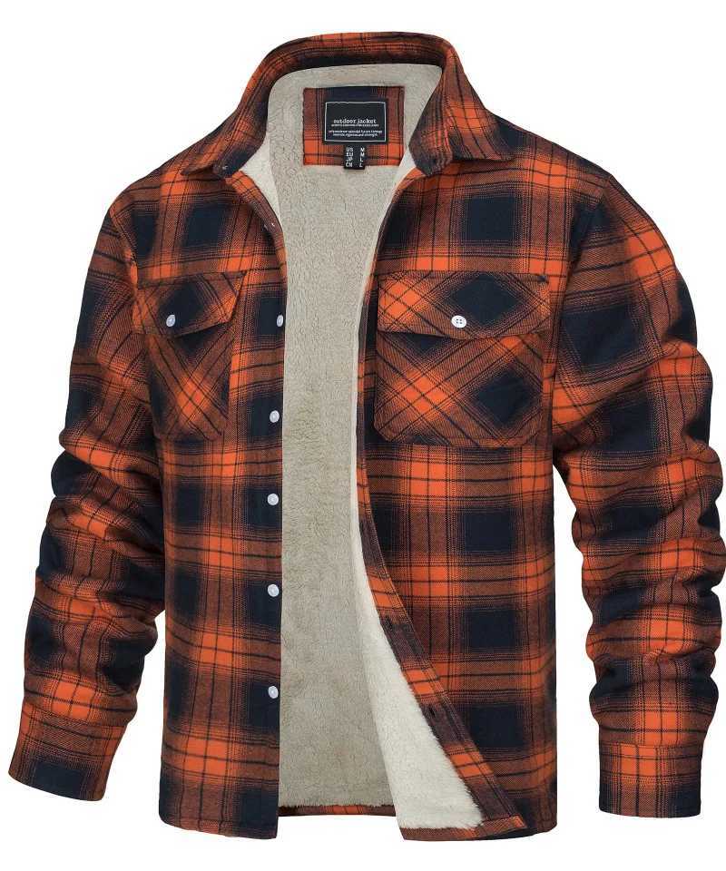 Mens Flannel shirt jacket quilted lining long sleeve plaid coat Men Thick Cotton Coat Men Oversize Winter jacket LX241009
