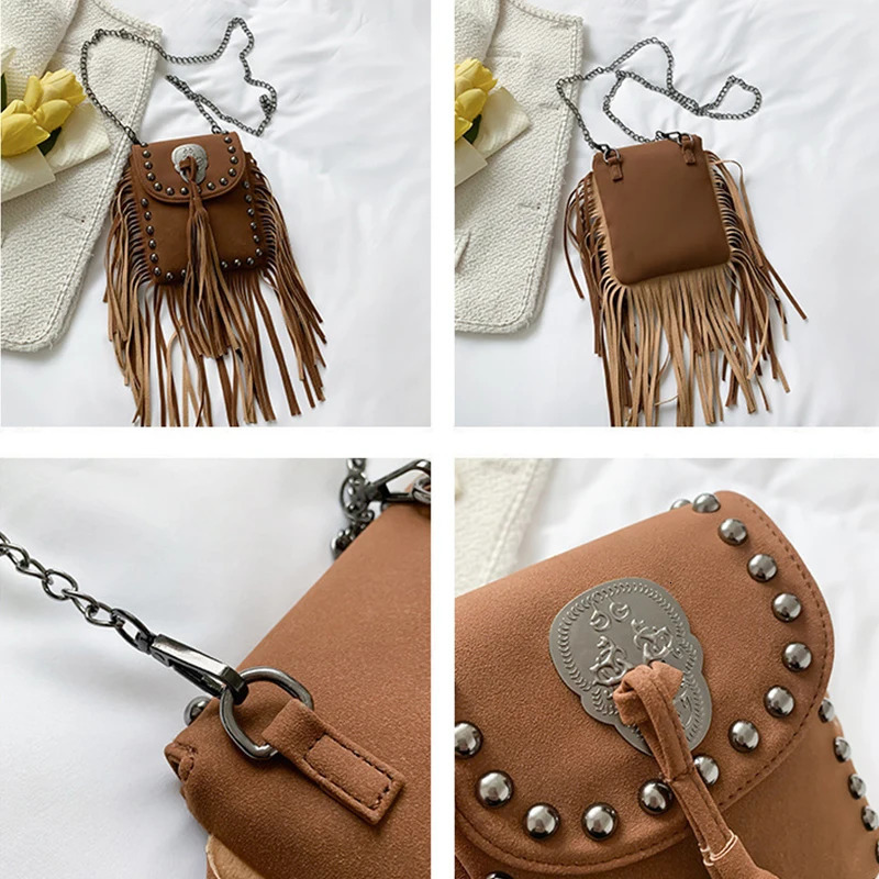 Punk shoulder bag tassel studded leather shoulder bag suitable for European and American womens wallet travel 241008