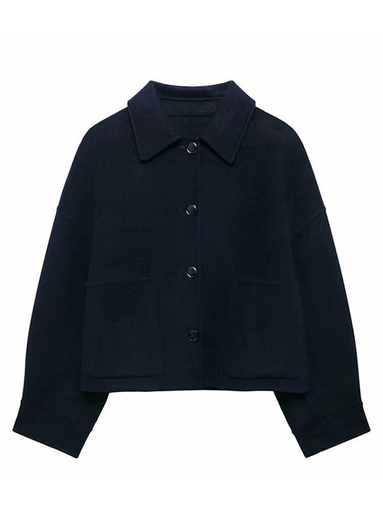 Womens wool jacket for autumn and winter solid single chest lapel long sleeved jacket womens warm street jacket 240930