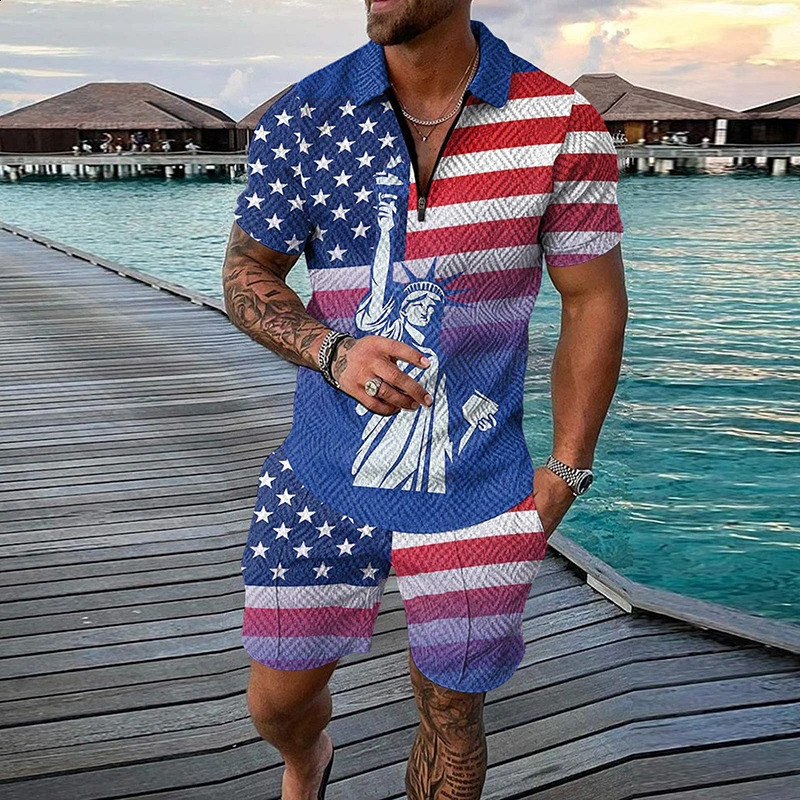 3D printed American flag mens track suit short sleeved zipper collar polo shirt short sleeved set 2-piece mens streetwear set 240930