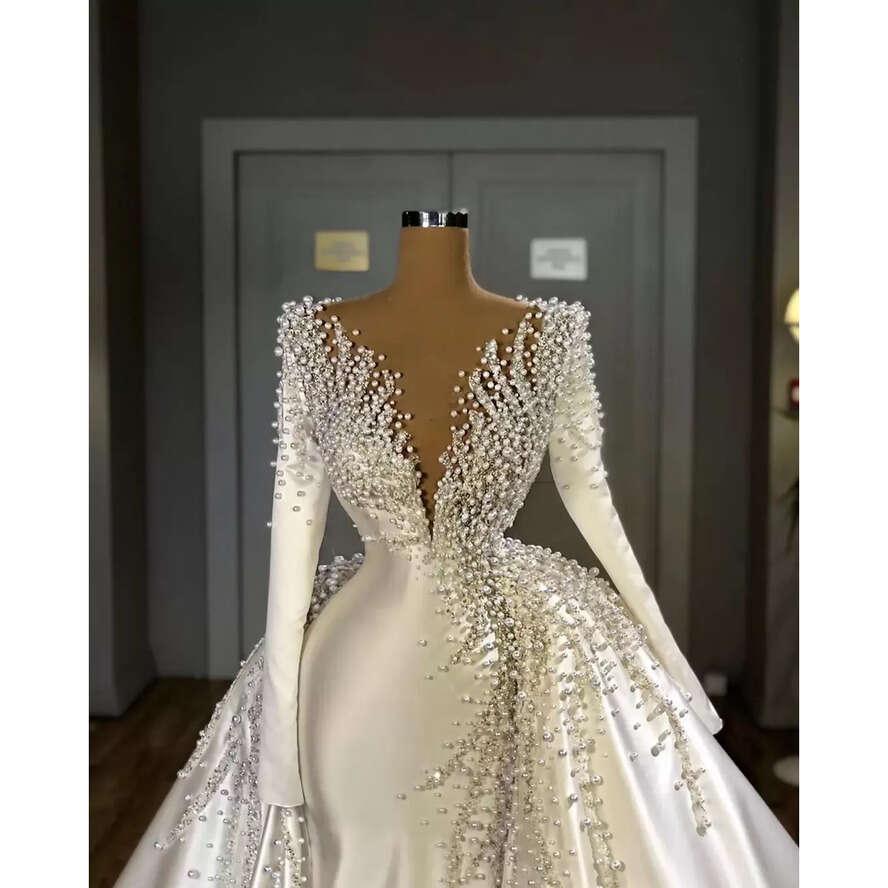 Mermaid Dresses Pearls 2022 With Overskirt V Neck Satin Long Sleeve Bridal Gowns Elegant Wedding Dress Robes De Wjy591