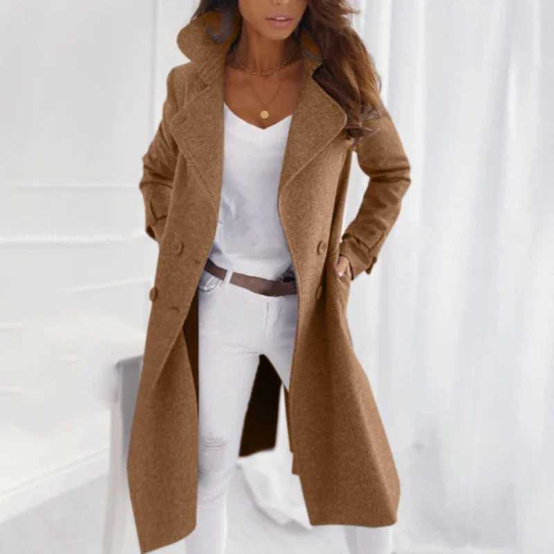 New Fall Windbreaker New Womens Imitation Wool Coat Lapel Long Casual Woolen Coat Solid Casual Double-breasted CoatX241009