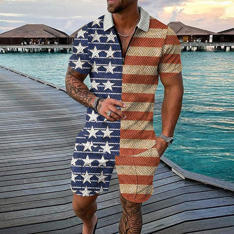3D printed American flag mens track suit short sleeved zipper collar polo shirt short sleeved set 2-piece mens streetwear set 240930