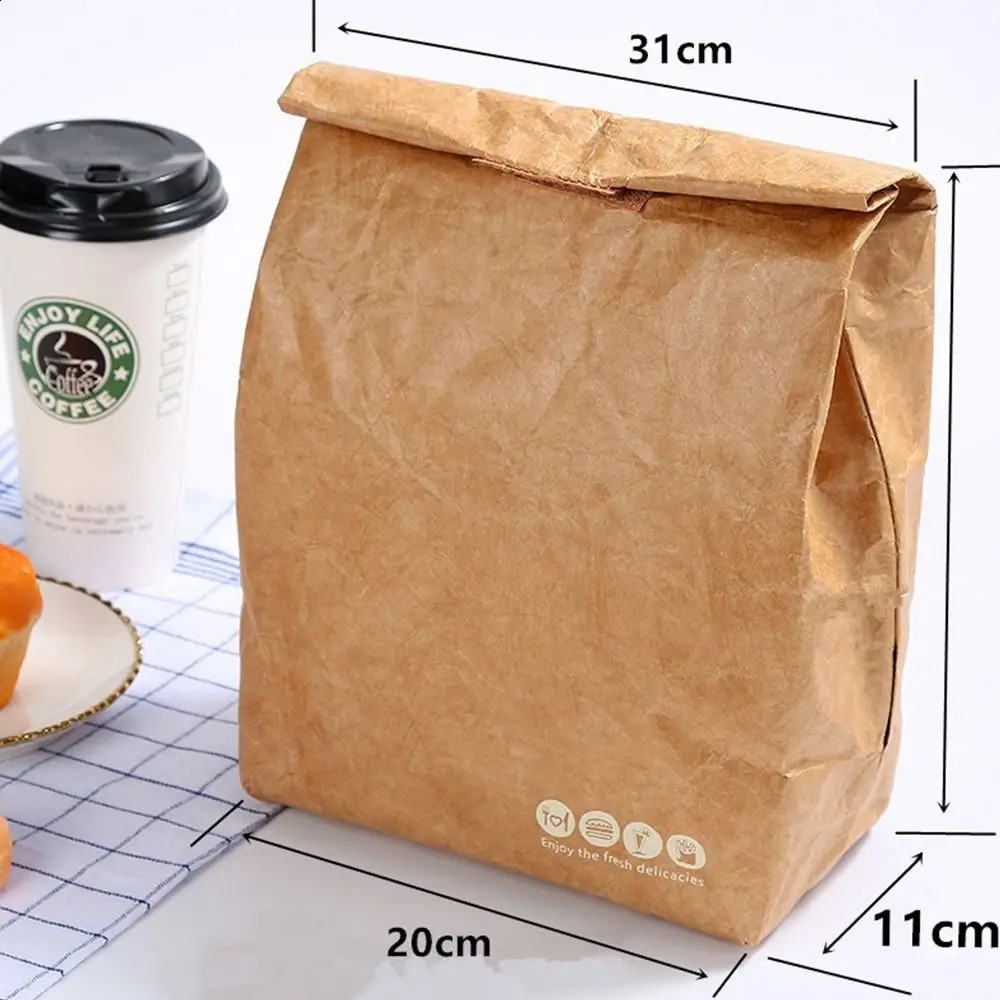 Large Capacity Lunch Bag Insulation Package Tote Canvas Food Hand Bags Waterproof Kraft Paper 240925
