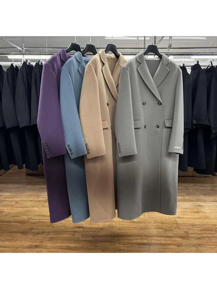 2022 Winter Double Breasted Long Handmade 100% Wool Coat Women Korean Style High End Suit Collar Loose Woolen Jacket OvercoatX241009