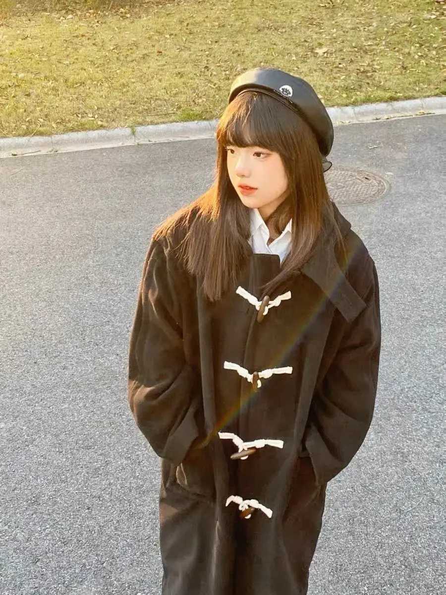 Horn Button Japanese Woolen Coats for Women Winter Jacket Fashion Mid Length Black Hooded Korean Unique Long Coat Women ClothesX241009