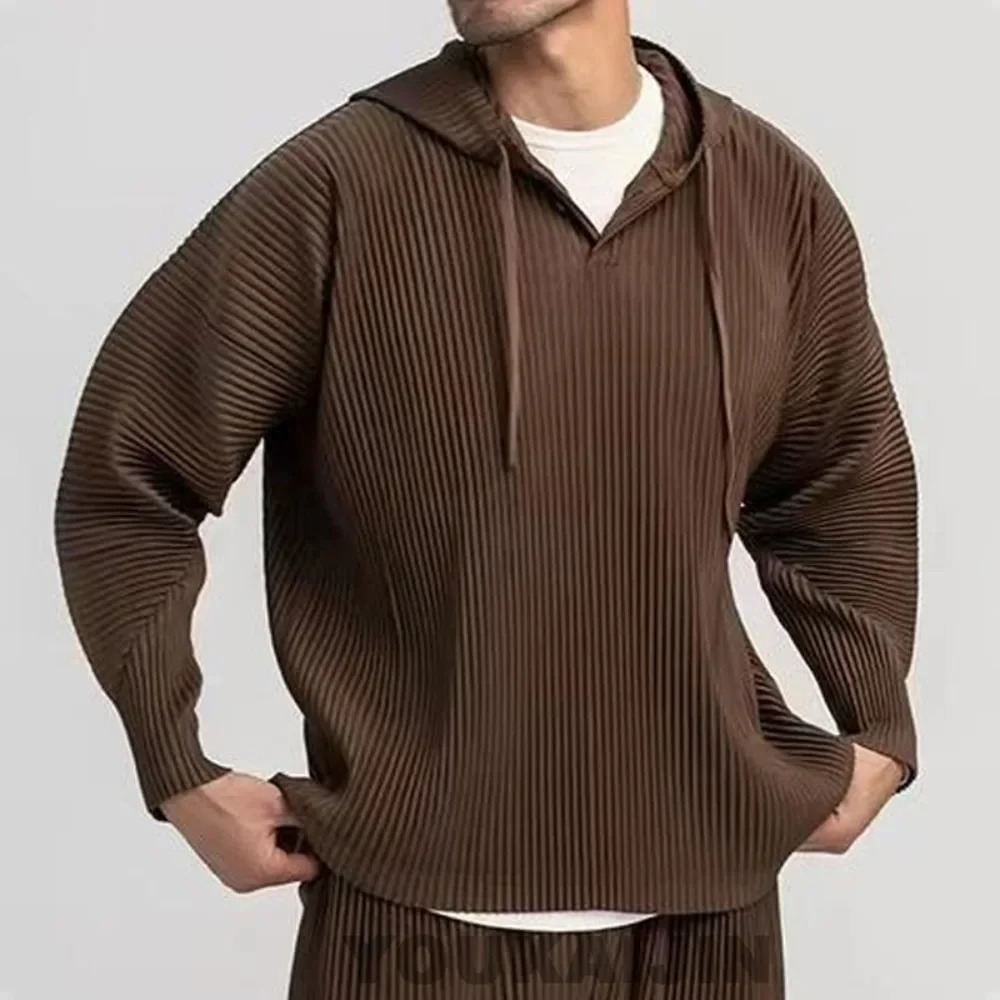 Mens pleated hoodie spring autumn jacket hoodie solid color jacket breathable loose drawstring jacket casual clothing 240924