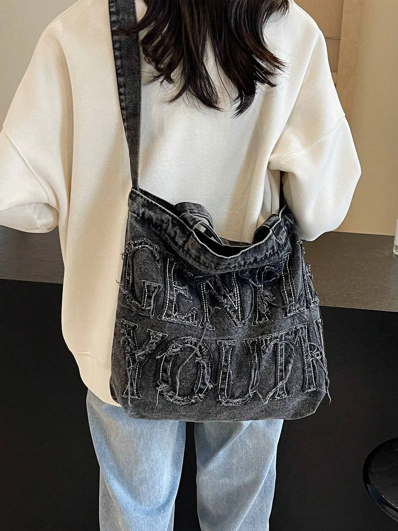 Minimalist Style Raw Edge Letter Design Jeans TLXT Canvas Tote Bag, Solid Color Large Capacity Shoulder Bag, Suitable For Women