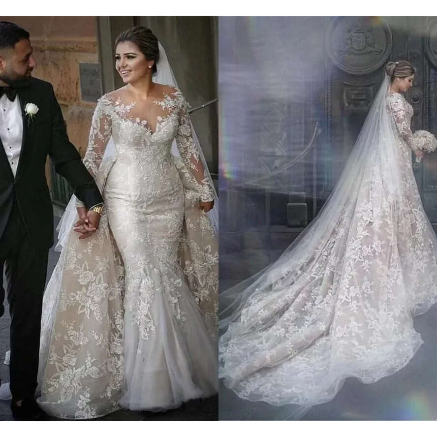 Wedding Sleeve Vintage Long Dresses With Detachable Skirt Sheer Jewel Neck Lace Appliques Beads Bridal Gowns Plus Size Custom Made Bc15195